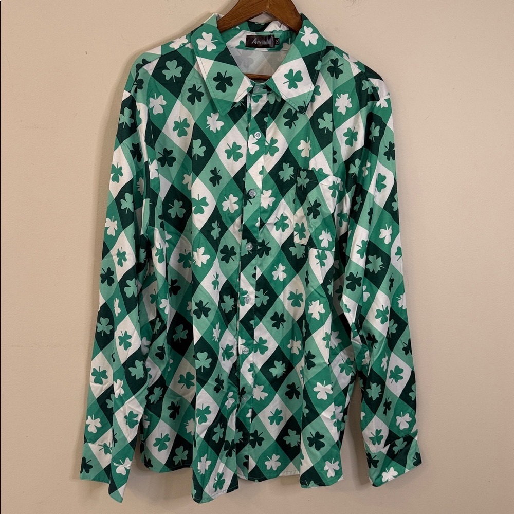 Arvilhill Shamrock Shirt Green & White St. Patrick’s long sleeve button up 2XL
